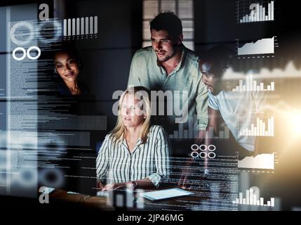 Computer engineers reading code, cgi data and analyzing special effects charts while working late at night. Manager and team leader helping diverse Stock Photo