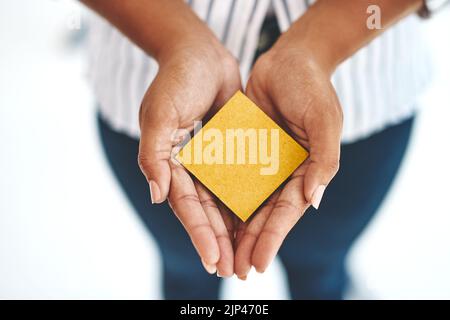 Innovation, advertising and marketing by hands holding blank business card with copy space. Above note promoting support, trust and creative endorsing Stock Photo