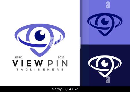 A set of view pin location logo design with editable text in three colors Stock Vector