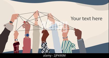 Hands up of diverse business people holding a wire as a symbol of cooperation collaboration and solution. Multicultural colleagues. Synergy and team Stock Vector