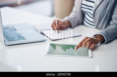 Smart tools for smart bookkeeping. an unrecognizable businesswoman using a digital tablet with graphs on it in a modern office. Stock Photo