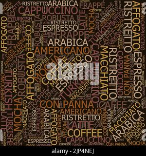 Pattern types of coffee, espresso, cappuccino, macchiato, Word cloud tag cloud text concept. Stock Vector