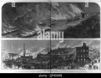 The Great (railroad) Strike (Pittsburgh, Pa. 1877)- Steeple view of the Pittsburgh conflagration; Panoramic view of the burned district (2 scenes (double page spread) of fire) Stock Photo
