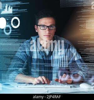 Computer programmer, software developer, or engineer working on computer database with futuristic CGI graphic data. Male information technology coder Stock Photo