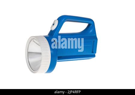 Old plastic flashlight on white background Stock Photo