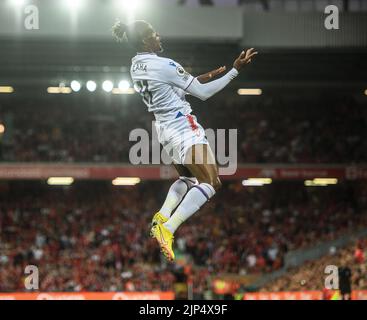 15 Aug 2022 - Liverpool v Crystal Palace - Premier League - Anfield  Crystal Palace's Wilfried Zaha celebrates scoring his goal in the first half. Picture : Mark Pain / Alamy Live News