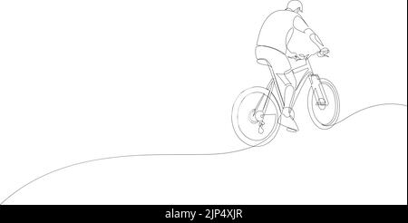 Single continuous line drawing cyclists walking down forest road with ...