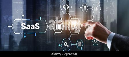 SaaS Software as a Service concept with man hand pressing text Stock Photo