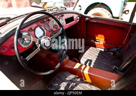 Interior of 1950s / early 60s MGA at the 'Patina' car show, (a Festival of the Unpresentable & a celebration of the Unrestored), at Lullingstone Castl Stock Photo