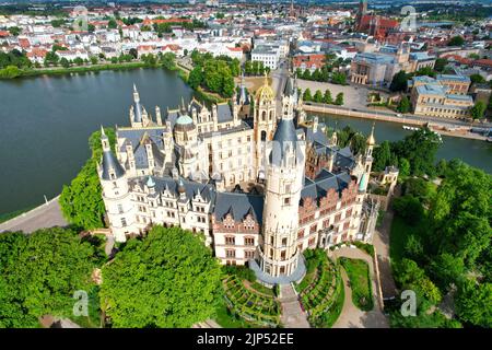 Schwerin Castle in Germany Europe aerial view nice weather the most beautiful castle