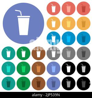 Disposable drinking cup with straw solid multi colored flat icons on round backgrounds. Included white, light and dark icon variations for hover and a Stock Vector