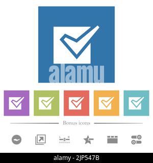 Checked box solid flat white icons in square backgrounds. 6 bonus icons included. Stock Vector