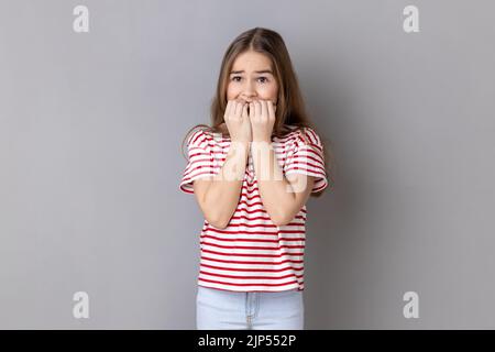 Portrait of dark haired nervous adorable little girl wearing striped T-shirt biting his fingers with shocked look, fears and phobias. Indoor studio shot isolated on gray background. Stock Photo