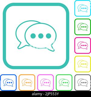 Two oval active chat bubbles outline vivid colored flat icons in curved borders on white background Stock Vector