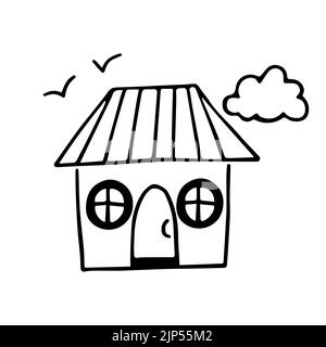 Beach house line drawing isolated. A small house with round windows and a door. Cute doodles. Hand drawn vector illustration in cartoon style. Stock Vector