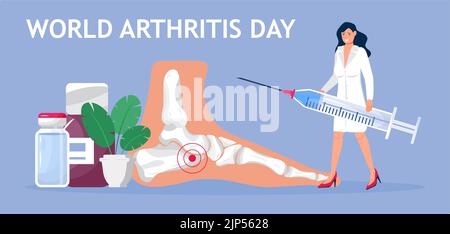 World arthritis day in October concept vector. Doctor treat rheumatism, osteoarthritis. Healthcare flatillustration on the blue background for medical Stock Vector