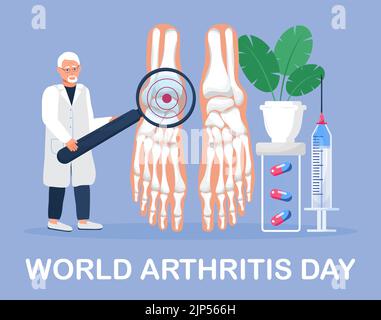 World arthritis day in October concept vector. Doctor treat rheumatism, osteoarthritis. Healthcare flatillustration on the blue background for medical Stock Vector