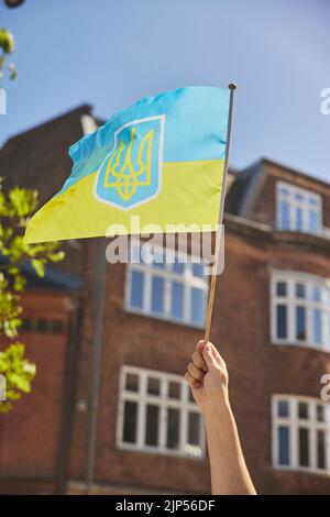 Man holding the flag of ukraine at the rally Stock Photo