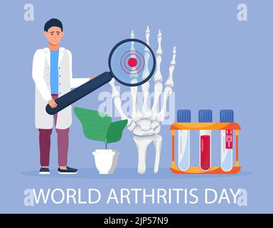 World arthritis day in October concept vector. Doctor treat rheumatism, osteoarthritis. Healthcare flatillustration on the blue background for medical Stock Vector