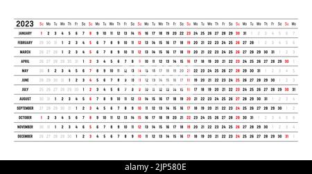 Year 2023 wall calendar with aligned dates. One page vector template, linear and horizontal design. Stock Vector