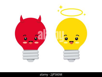 Devil and angel light bulb cute kawaii character vector icon. Stock Vector