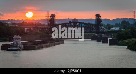 Barge at Sunset 14th Street Drawbridge - Louisville - Kentucky Stock Photo