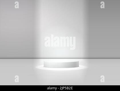 Podium white pedestal. Realistic 3d vector concept illuminated pedestal by spotlights on white background Stock Vector