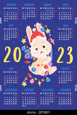 Calendar 2023 with cute rabbit in Santa hat and with New Years garland. Bunny is symbol of year to eastern horoscope. Vector illustration. Vertical Stock Vector