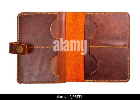 Open brown mens wallet for money and credit cards isolated on a white background close-up Stock Photo