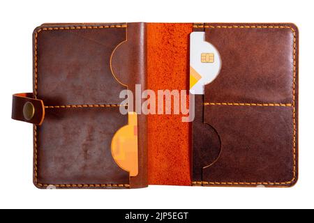 Open brown mens wallet with credit cards isolated on a white background close-up Stock Photo