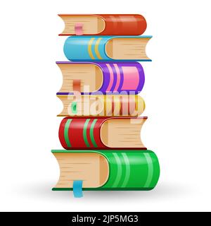 Stack of books with bookmarks isolated on white background. A collection of hardcover books. Back to school. Vector illustration. Stock Vector