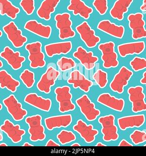 Colorful repetitive pattern background of gummy candies in a shape of bears made of simple vector illustrations. Stock Vector