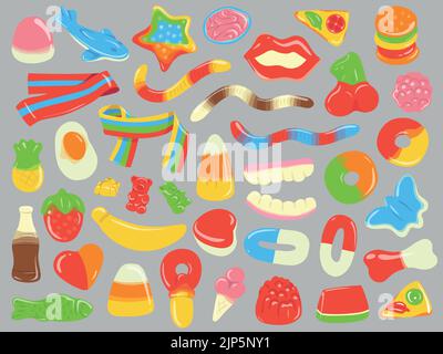 Collection of colorful cartoon gummy and jelly candies. Isolated hand drawn vector illustrations. Stock Vector