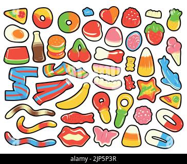Collection of colorful cartoon gummy and jelly candies. Isolated hand drawn vector illustrations. Stock Vector