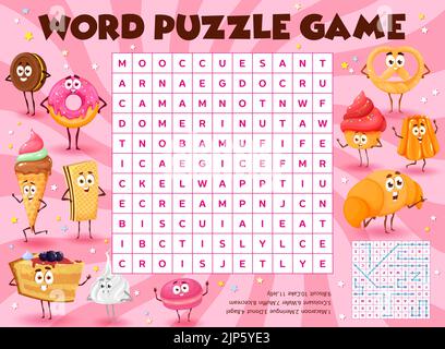 Cartoon candies, desserts and sweets characters, word search puzzle game, vector worksheet. Kids quiz grid to search and find word of cakes and cupcakes, pastry macaron, donut and bagel with biscuit Stock Vector