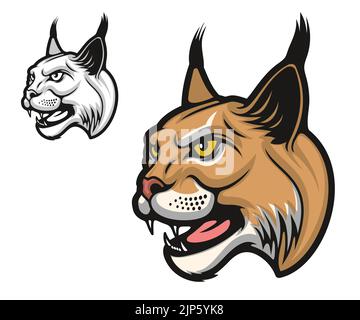 Angry lynx bobcat cartoon animal mascot. Wild cat head. Sport team lynx animal symbol, angry roaring bobcat or aggressive caracal wild cat head vector mascot Stock Vector