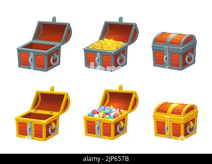 Cartoon chest treasure box with gold coins and gemstones, vector pirate treasure. Open wooden chests with gold, jewel crystals or empty with locks, pirate treasure game asset Stock Vector