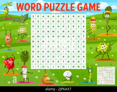 Cartoon funny vegetables on green meadow in yoga poses word search puzzle game worksheet. Vector kids quiz grid with happy veggies doing sport exercises, onion, radish, mushroom and olive, corn, beans Stock Vector