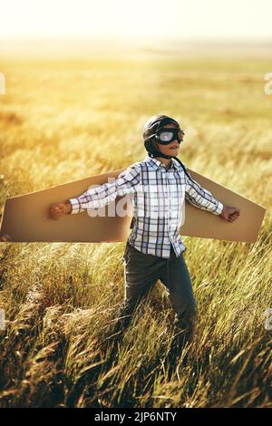 There world is filled with adventures worth exploring. a young boy pretending to fly with a pair of cardboard wings in an open field. Stock Photo