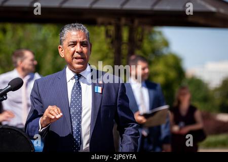 Washington, United States. 12th Aug, 2022. Representative Adriano Espaillat (D-NY) speaks during the Congressional Progressive Caucus' press conference on the Inflation Reduction Act. The House will vote on the bill later in the day, and it is expected to pass, after passing the Senate August 6th. The legislation includes historic measures to address climate change, as well as reduce Medicare drug prices, create an estimated 9 million jobs, and expand the Internal Revenue Service. (Photo by Allison Bailey/SOPA Images/Sipa USA) Credit: Sipa USA/Alamy Live News Stock Photo