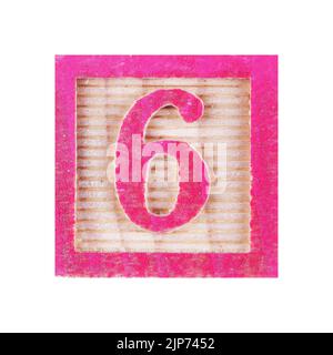 Number 6 six childs wood block on white with clipping path Stock Photo