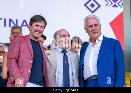 Dario Nardella Mayor Florence Rocco Commisso President (Fiorentina) Eugenio Giani President of the Tuscany Region during the Italian 'Serie A' match between Fiorentina 3-2 Cremonese at Artemio Franchi Stadium on august 14, 2022 in Florence, Italy. Credit: Maurizio Borsari/AFLO/Alamy Live News Stock Photo