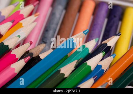 Colored pencils and pastels for drawing.  View from above.  Close-up. Stock Photo