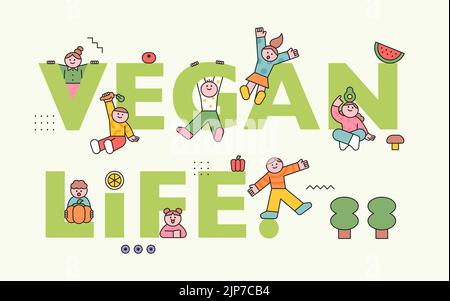 Vegan life. Cute kids characters are playing with the vegan life alphabet. Vegetables and fruits icons. flat design style vector illustration. Stock Photo