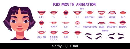 Asian girl mouth animation sprite sheet. Child lips poses in pronunciation different english phoneme and different emotions. Vector cartoon set of kid brows and mouth movement Stock Vector