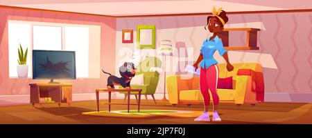 Surprised woman looking at naughty dog in messy room. Cartoon vector illustration of shocked female character standing in room with damaged furniture, broken TV. Funny playful pet sitting on table Stock Vector