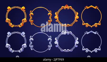 Vintage circle golden and silver frames for rpg game avatars and elements. Empty fantasy golden and metal borders in medieval style isolated on background, vector cartoon set Stock Vector