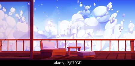 Wooden terrace view on fluffy clouds in blue sky. Outdoor home or hotel patio with sofa and table on wood floor at nature landscape with beautiful cloudscape, relax area, Cartoon vector illustration Stock Vector