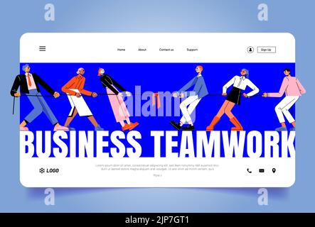 Business teamwork banner with people employees pull rope in tug of war competition. Vector landing page with flat illustration of two teams of workers play pulling rope game Stock Vector