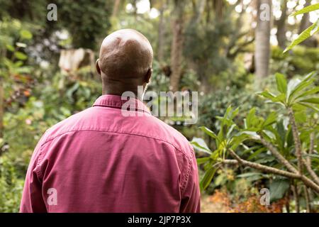 Senior african american man walking in his garden Stock Photo